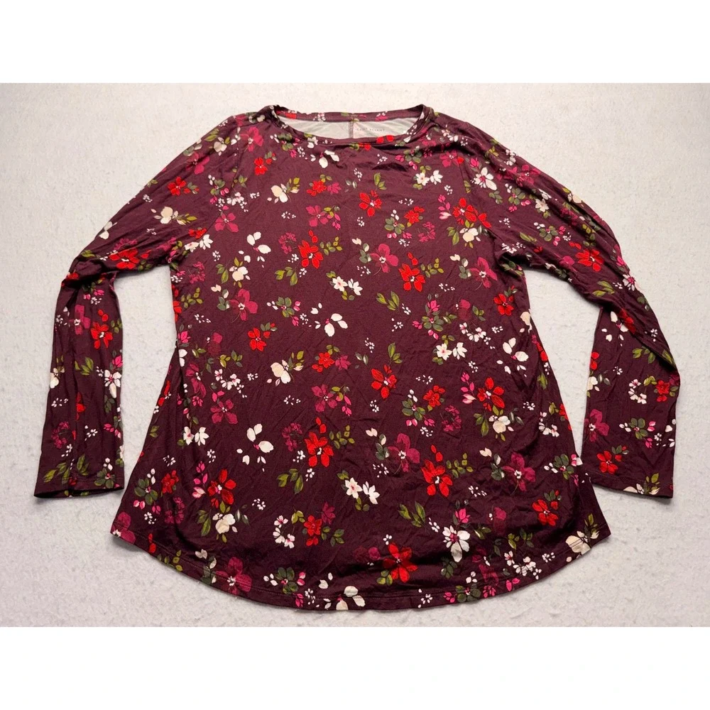 Lane Bryant Womens 14/16 Burgundy Floral Long Sleeve Rayon Stretch Top NWT